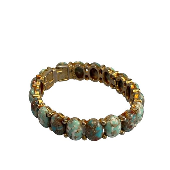 MCM HAR Designer Signed Turquoise Hinged Cuff Bracelet 6" Vintage Gold Tone Jewe - Picture 4 of 6